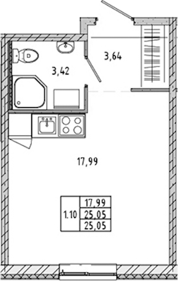 Квартира студия 24.97 м², 1/17 эт., ЖК «Новые горизонты 2»